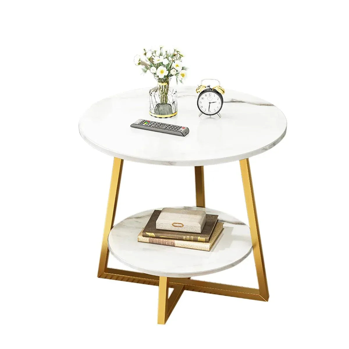 Round Side Table 2 Tier White Nightstand Coffee Sofa End Table Marble Design V528-TEA-TABLE-WHITE-GOLD-486314