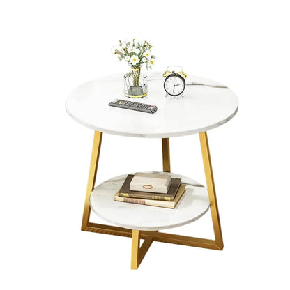 Round Side Table 2 Tier White Nightstand Coffee Sofa End Table Marble Design V528-TEA-TABLE-WHITE-GOLD-486314