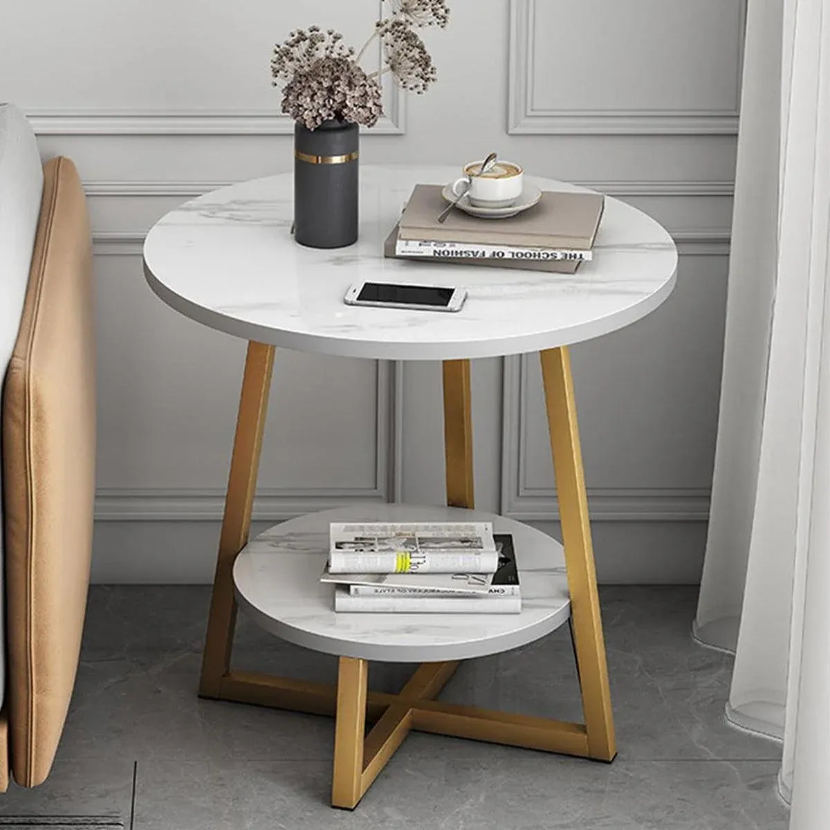 Round Side Table 2 Tier White Nightstand Coffee Sofa End Table Marble Design V528-TEA-TABLE-WHITE-GOLD-486314