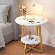 Round Side Table 2 Tier White Nightstand Coffee Sofa End Table Marble Design V528-TEA-TABLE-WHITE-GOLD-486314