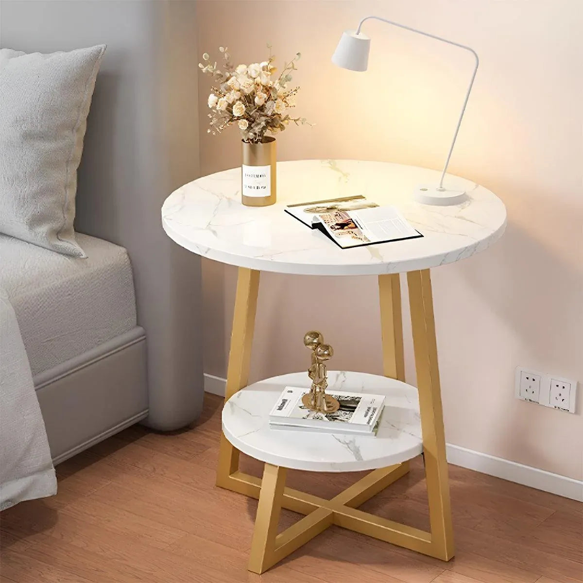 Round Side Table 2 Tier White Nightstand Coffee Sofa End Table Marble Design V528-TEA-TABLE-WHITE-GOLD-486314