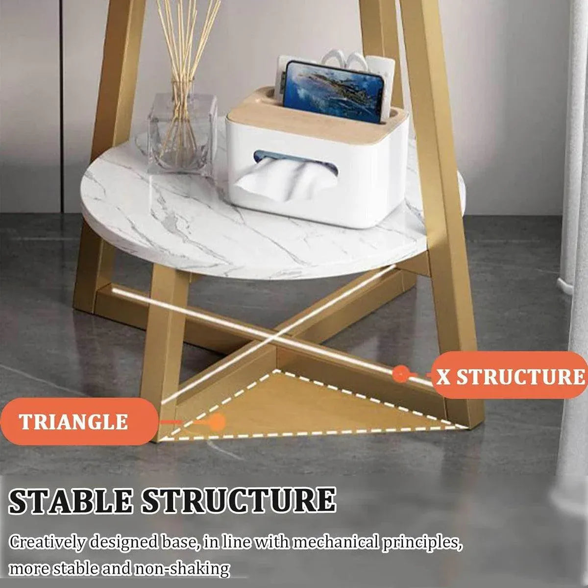 Round Side Table 2 Tier White Nightstand Coffee Sofa End Table Marble Design V528-TEA-TABLE-WHITE-GOLD-486314