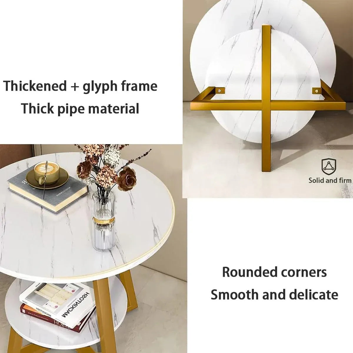 Round Side Table 2 Tier White Nightstand Coffee Sofa End Table Marble Design V528-TEA-TABLE-WHITE-GOLD-486314