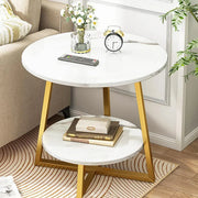 Round Side Table 2 Tier White Nightstand Coffee Sofa End Table Marble Design V528-TEA-TABLE-WHITE-GOLD-486314