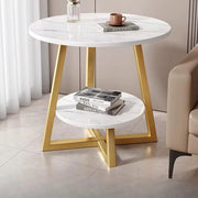 Round Side Table 2 Tier White Nightstand Coffee Sofa End Table Marble Design V528-TEA-TABLE-WHITE-GOLD-486314
