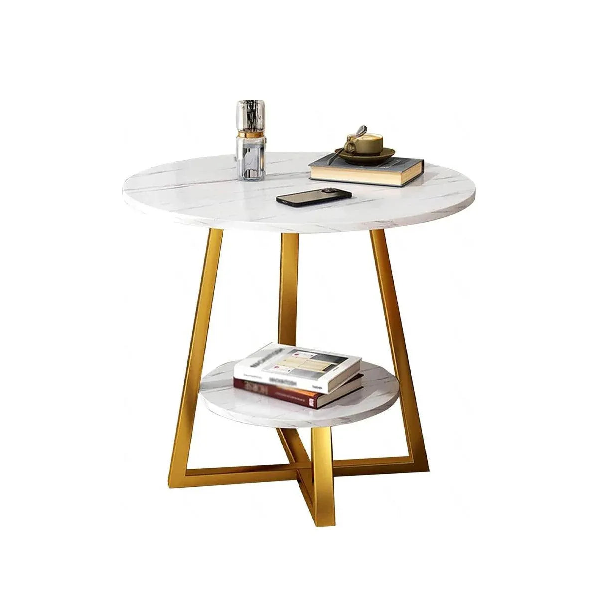 Round Side Table 2 Tier White Nightstand Coffee Sofa End Table Marble Design V528-TEA-TABLE-WHITE-GOLD-486314