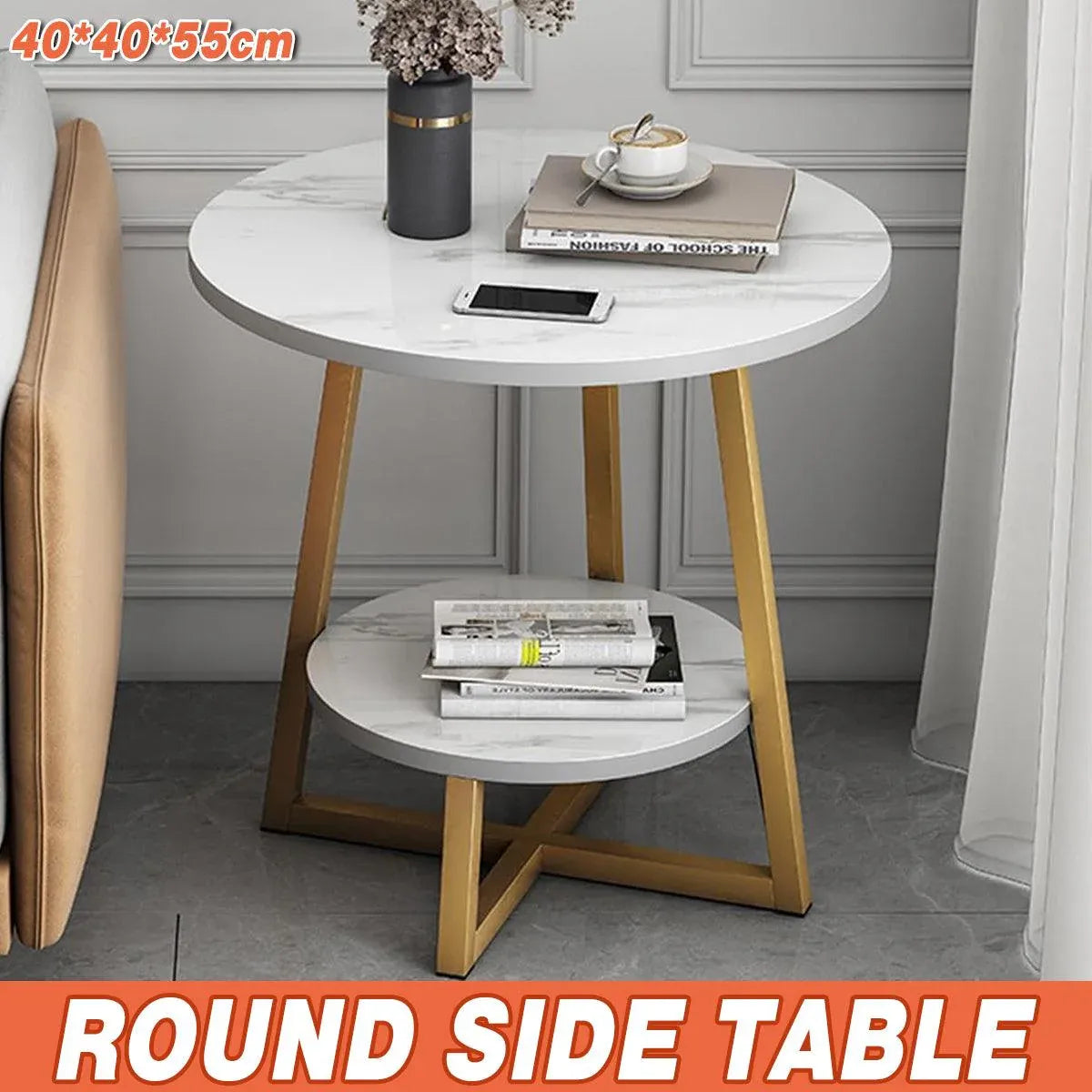 Round Side Table 2 Tier White Nightstand Coffee Sofa End Table Marble Design V528-TEA-TABLE-WHITE-GOLD-486314