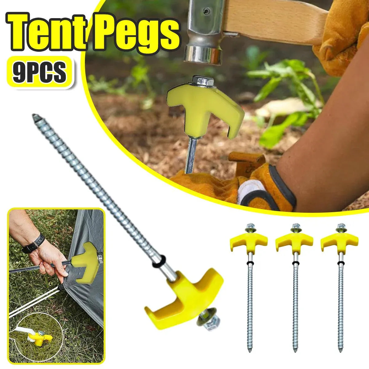 9PCS High Strength Carbon Steel Tent Stakes Outdoor Camping Pegs M8x200 Durable V528-TENT-PEG-YELLOW-9PCS-251015