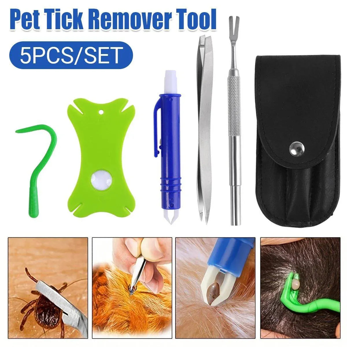 5PCS Pet Flea Tick Removal Tool Set Dog Cat Lice Fork Tweezers Kit Silver Hook V528-TICK-HOLDER-5PCS-136343