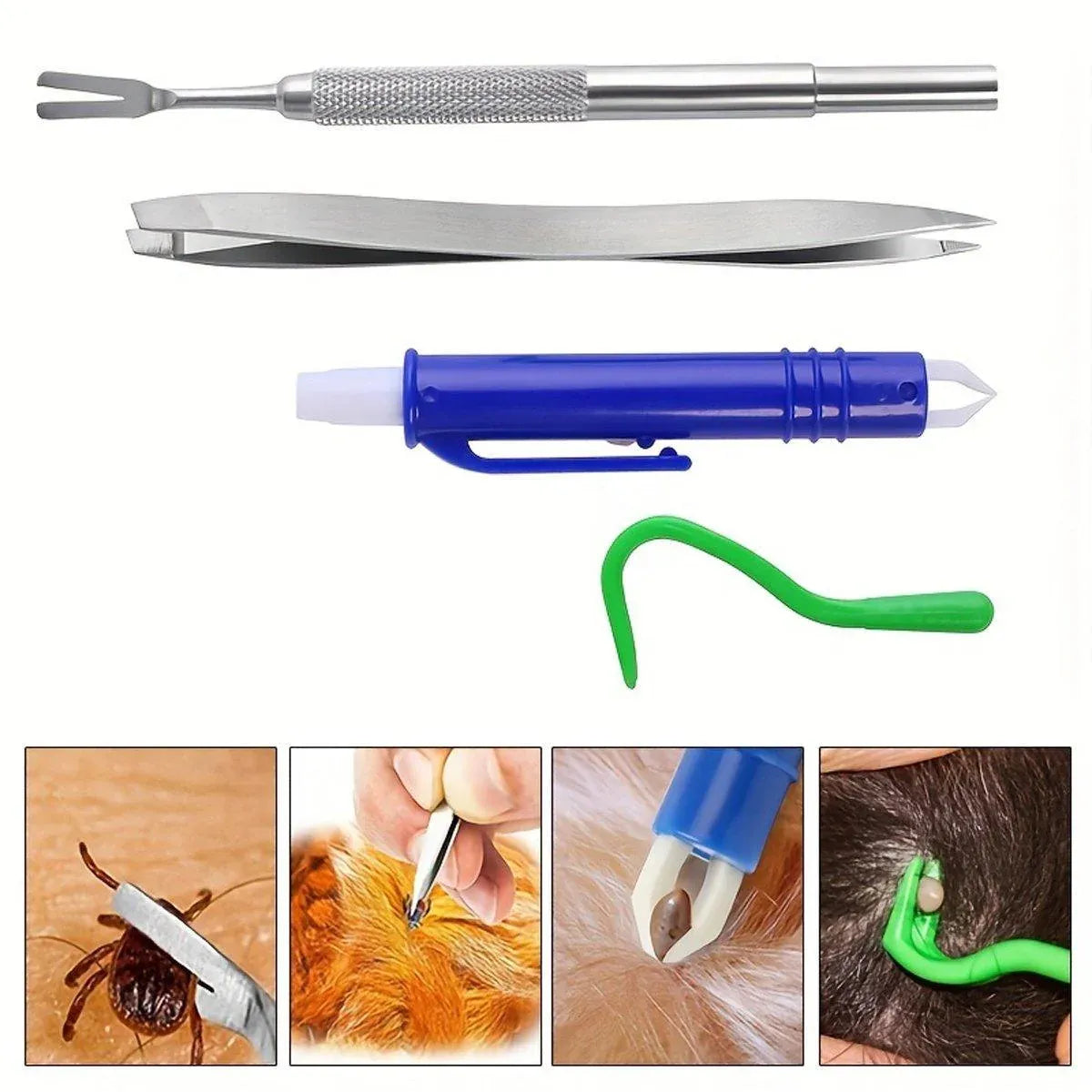 5PCS Pet Flea Tick Removal Tool Set Dog Cat Lice Fork Tweezers Kit Silver Hook V528-TICK-HOLDER-5PCS-136343