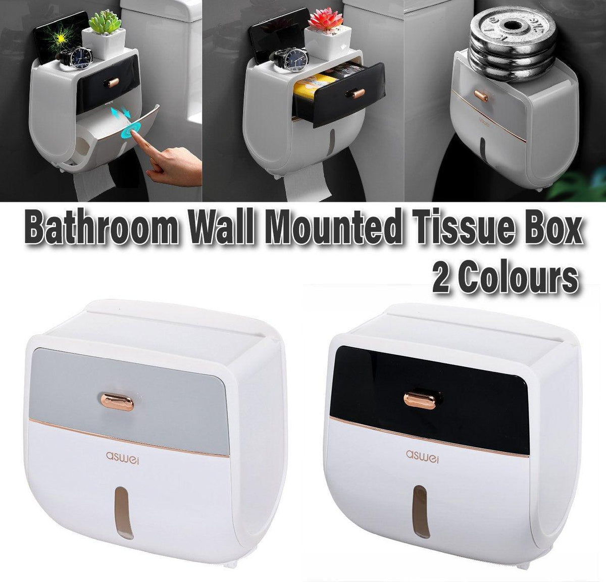 Wall-Mounted Toilet Tissue Paper Roll Holder Storage Box No punching Waterproof - Grey V528-TISSUE-BOX-GREY-179528
