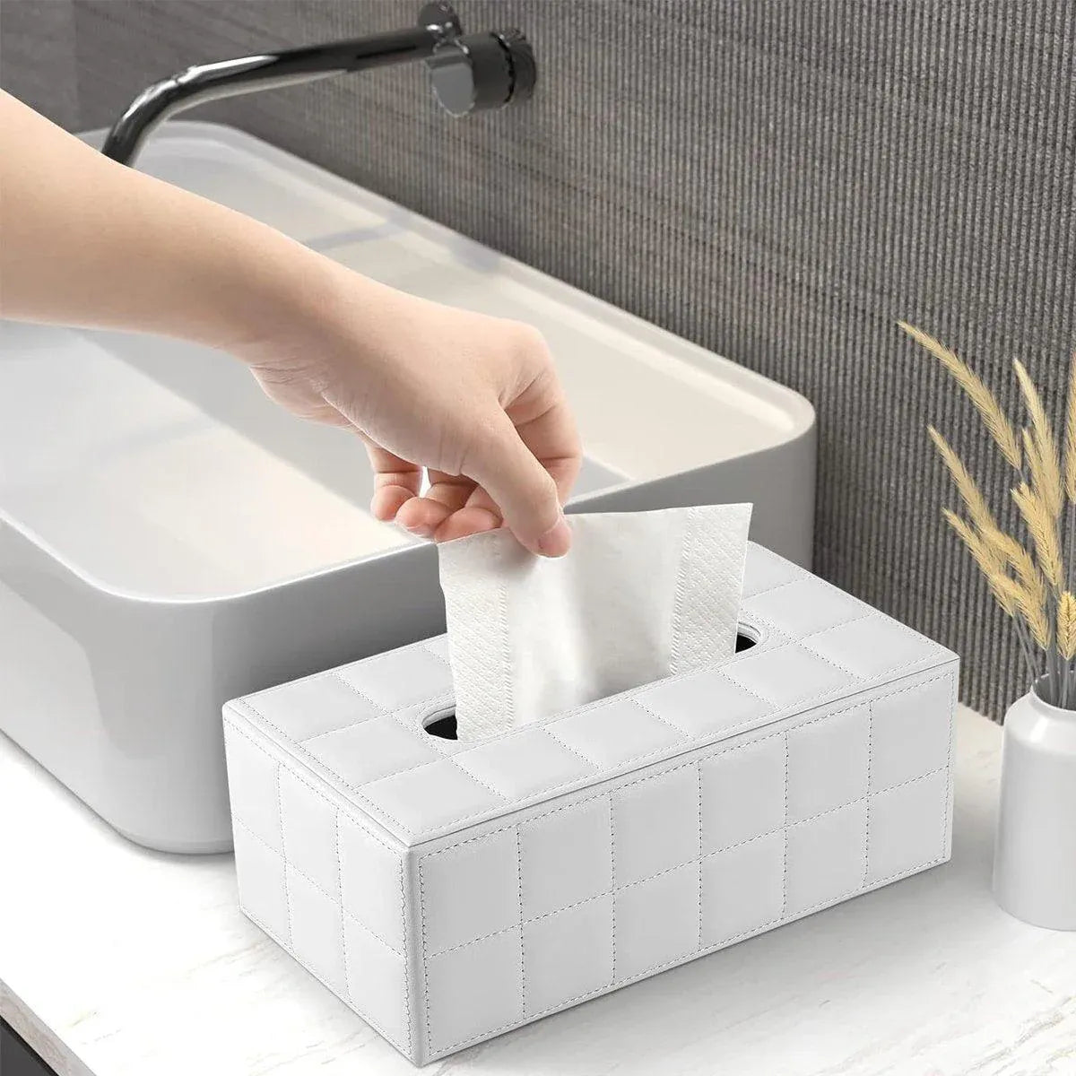 Leather Tissue Box Holder Rectangular Tissue Dispenser for Living Room Home - White V528-TISSUE-BOX-WHITE-554829