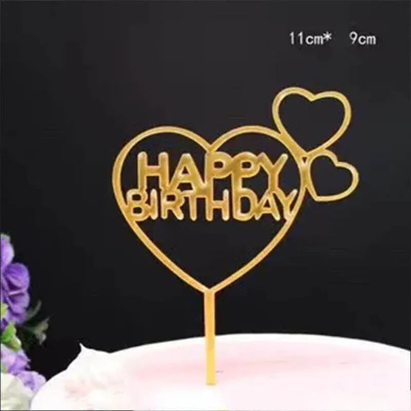 Happy Birthday Acrylic Cake Topper Cake Decoration Golden Silver Party - Gold-Double Heart Birthday V528-TOPPER-GOLDDOUBLEHEARTBIR-3002