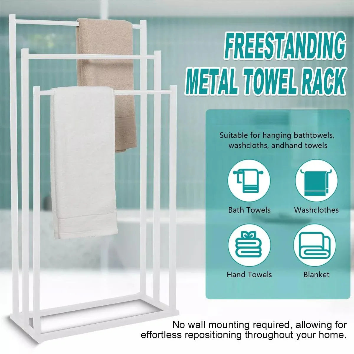 3 Tier Metal Towel Rack Freestanding 3 Bars Drying Shelf Holder Stand Organizer V528-TOWEL-RACK-WHITE-526635