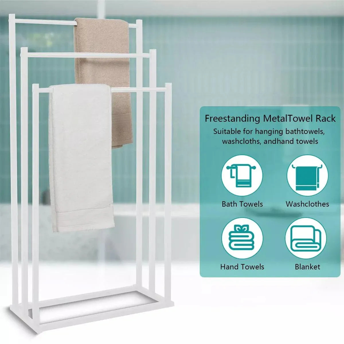 3 Tier Metal Towel Rack Freestanding 3 Bars Drying Shelf Holder Stand Organizer V528-TOWEL-RACK-WHITE-526635
