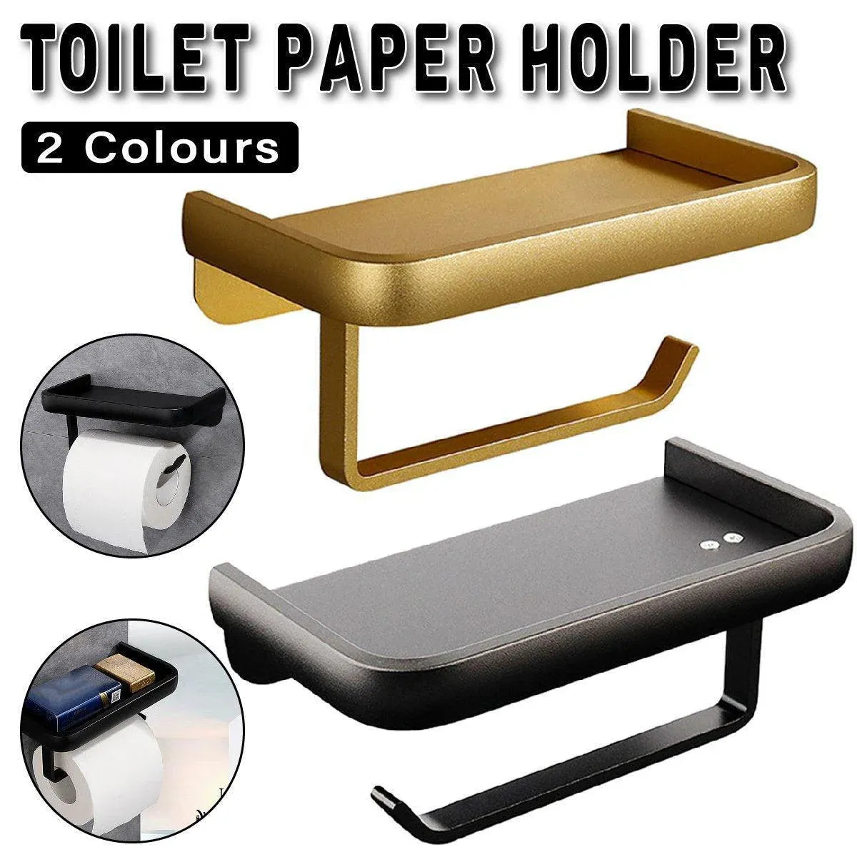 Wall Mounted Aluminum Toilet Paper Holder Non-perforated Tissue Cell Phone Shelf - Black V528-TP-HOLDER-BLACK-910319