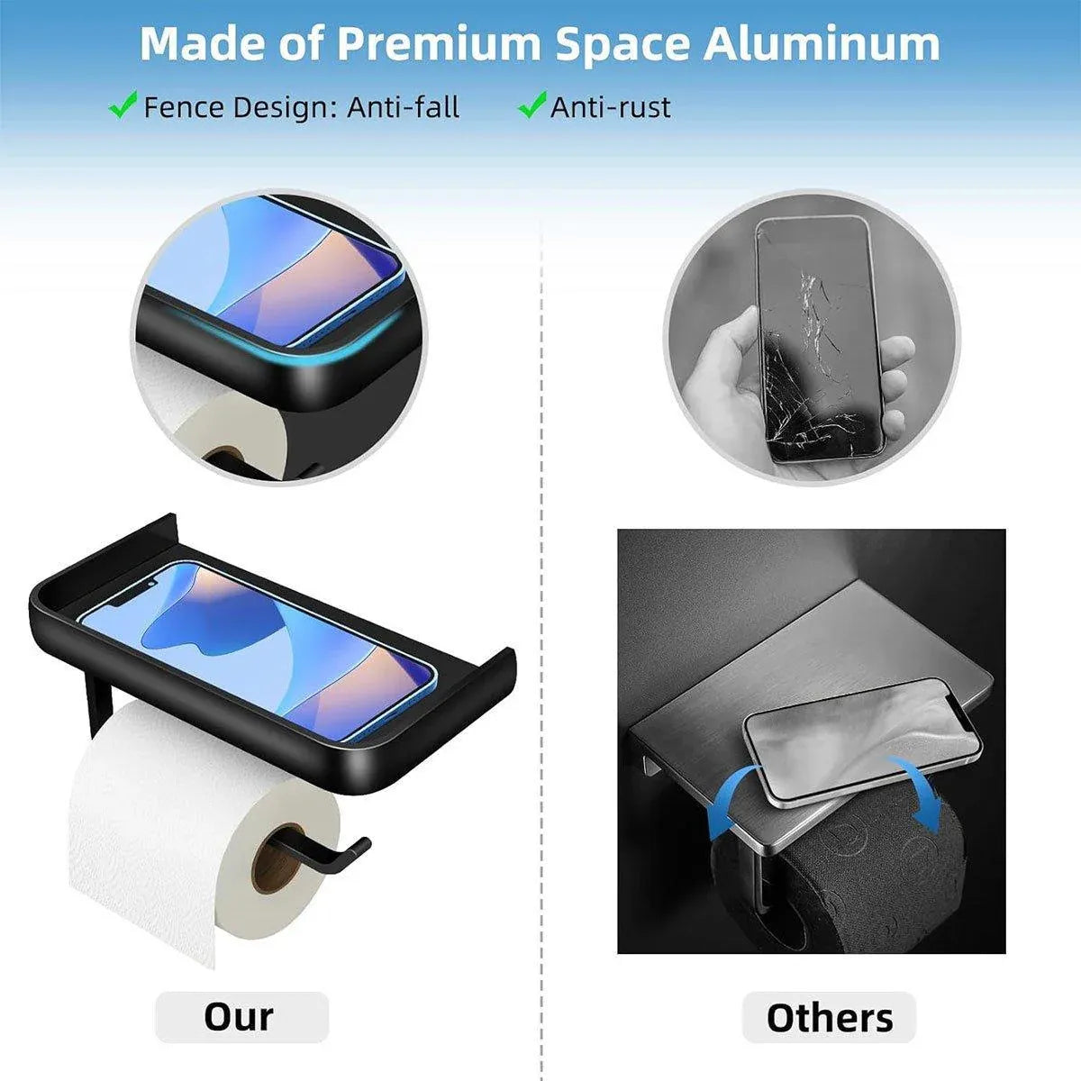 Wall Mounted Aluminum Toilet Paper Holder Non-perforated Tissue Cell Phone Shelf - Black V528-TP-HOLDER-BLACK-910319