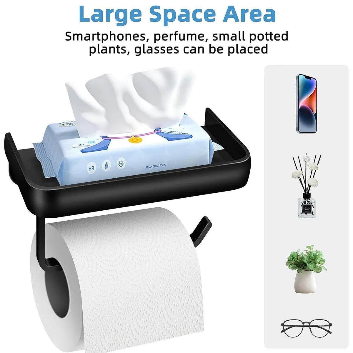 Wall Mounted Aluminum Toilet Paper Holder Non-perforated Tissue Cell Phone Shelf - Black V528-TP-HOLDER-BLACK-910319