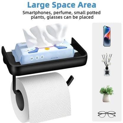 Wall Mounted Aluminum Toilet Paper Holder Non-perforated Tissue Cell Phone Shelf - Black V528-TP-HOLDER-BLACK-910319