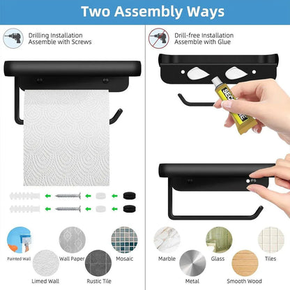 Wall Mounted Aluminum Toilet Paper Holder Non-perforated Tissue Cell Phone Shelf - Black V528-TP-HOLDER-BLACK-910319