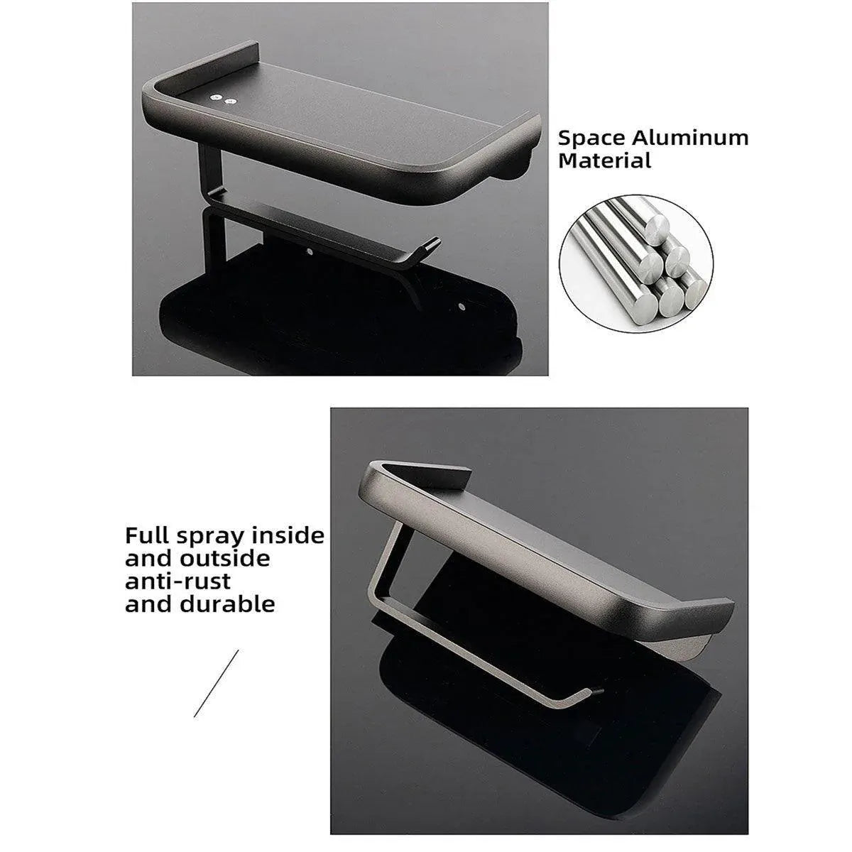 Wall Mounted Aluminum Toilet Paper Holder Non-perforated Tissue Cell Phone Shelf - Black V528-TP-HOLDER-BLACK-910319