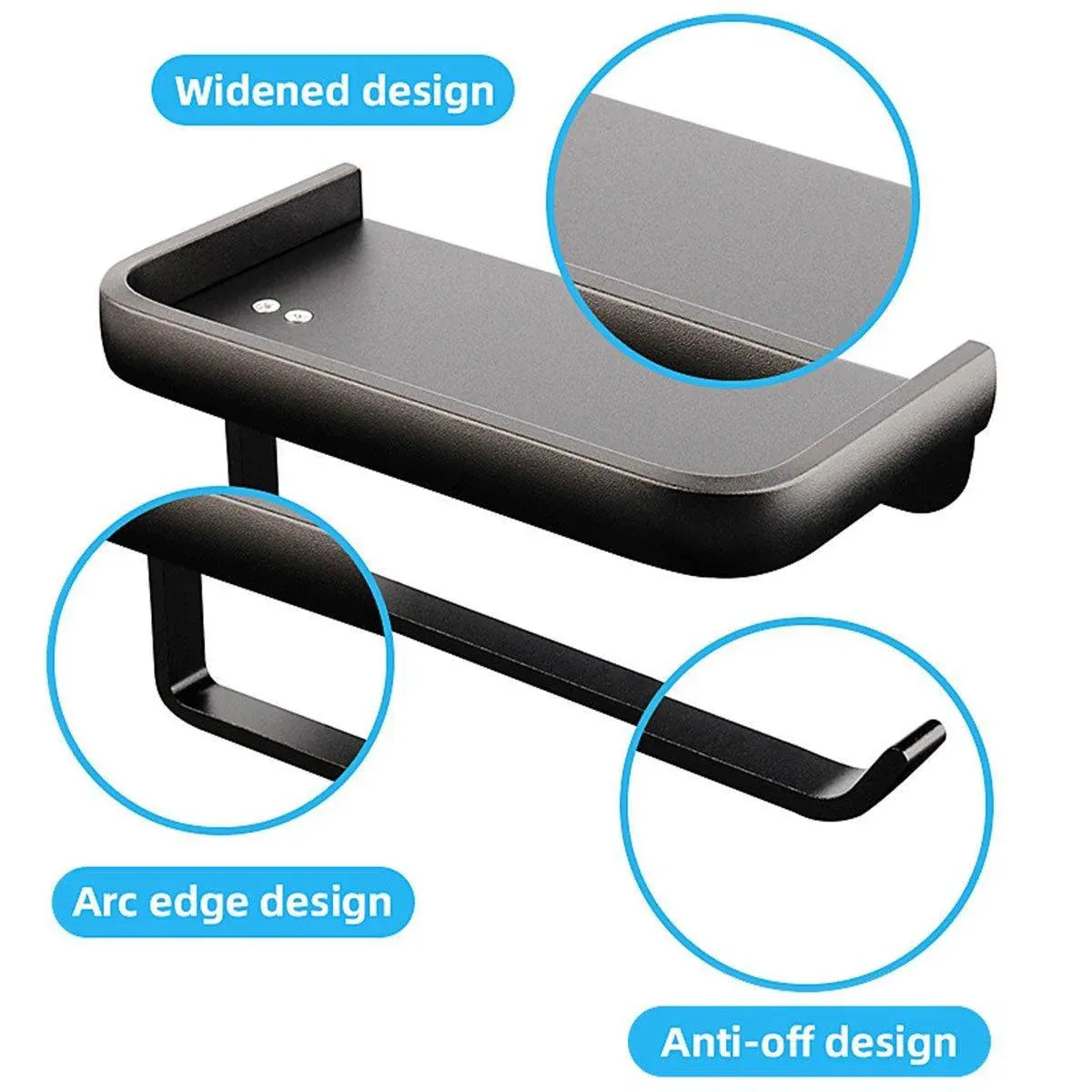 Wall Mounted Aluminum Toilet Paper Holder Non-perforated Tissue Cell Phone Shelf - Black V528-TP-HOLDER-BLACK-910319