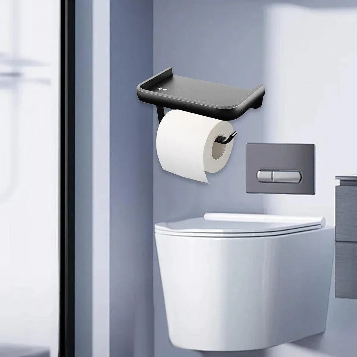 Wall Mounted Aluminum Toilet Paper Holder Non-perforated Tissue Cell Phone Shelf - Black V528-TP-HOLDER-BLACK-910319