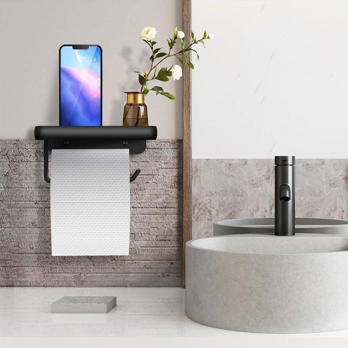 Wall Mounted Aluminum Toilet Paper Holder Non-perforated Tissue Cell Phone Shelf - Black V528-TP-HOLDER-BLACK-910319