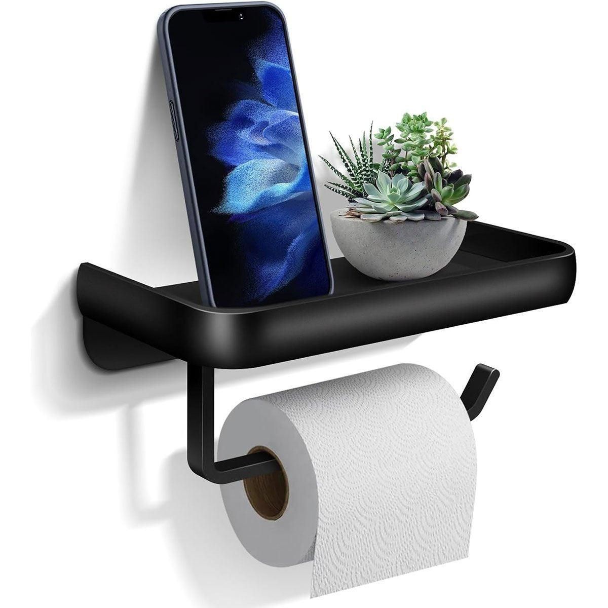 Wall Mounted Aluminum Toilet Paper Holder Non-perforated Tissue Cell Phone Shelf - Black V528-TP-HOLDER-BLACK-910319