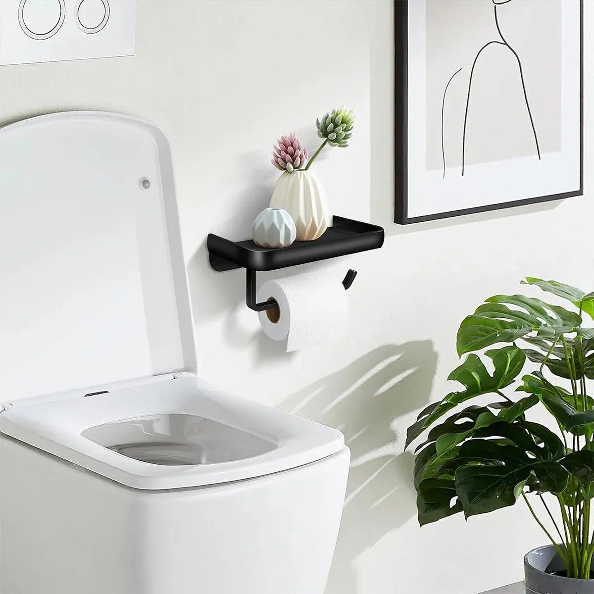 Wall Mounted Aluminum Toilet Paper Holder Non-perforated Tissue Cell Phone Shelf - Black V528-TP-HOLDER-BLACK-910319