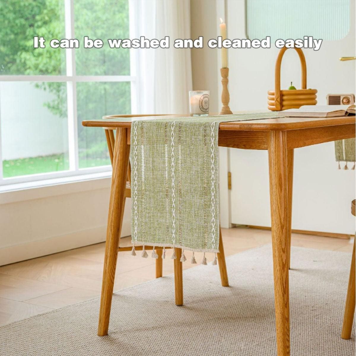 Solid Colour Woven Hollow Fringe Table Runner Home Dining Tablecloth Decoration - 33x183cm-Green V528-TR-GREEN-33-183-730865