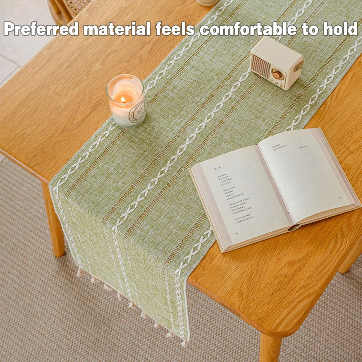 Solid Colour Woven Hollow Fringe Table Runner Home Dining Tablecloth Decoration - 33x183cm-Green V528-TR-GREEN-33-183-730865