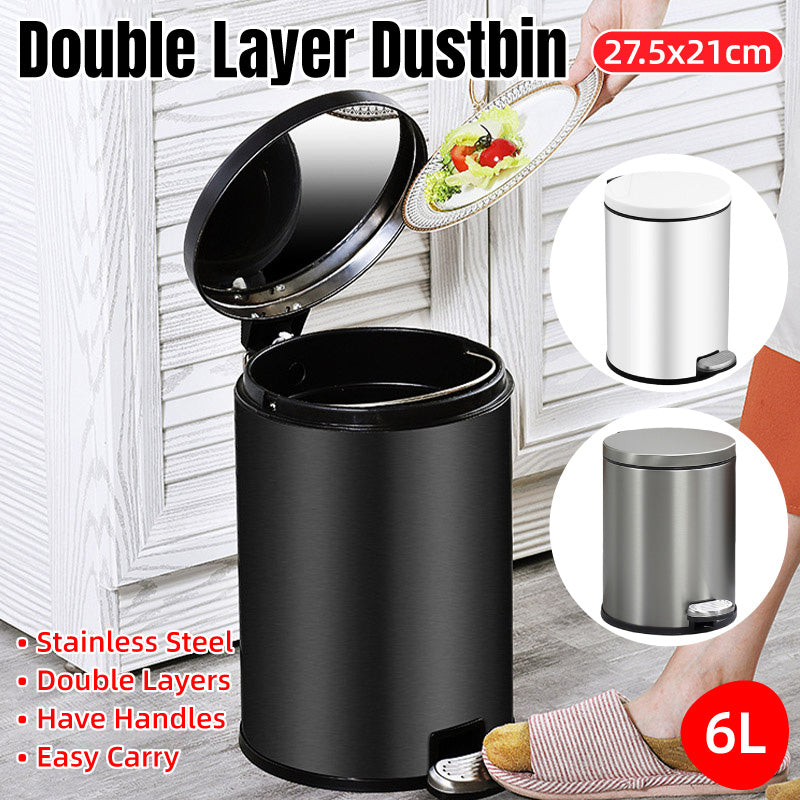 Trash Can Double Layer Foot Pedal Design with Lid Household Bin Kitchen Bathroom - Black V528-TRASH-CAN-BLACK-6L-278901