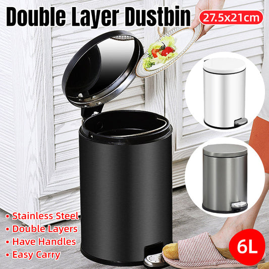 Trash Can Double Layer Foot Pedal Design with Lid Household Bin Kitchen Bathroom - Black V528-TRASH-CAN-BLACK-6L-278901