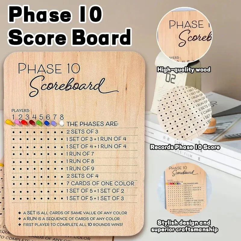 Phase 10 Score Board Wooden Phase 10 Scorecard Reusable for Family Game Tabletop V528-TRAY-A-135391