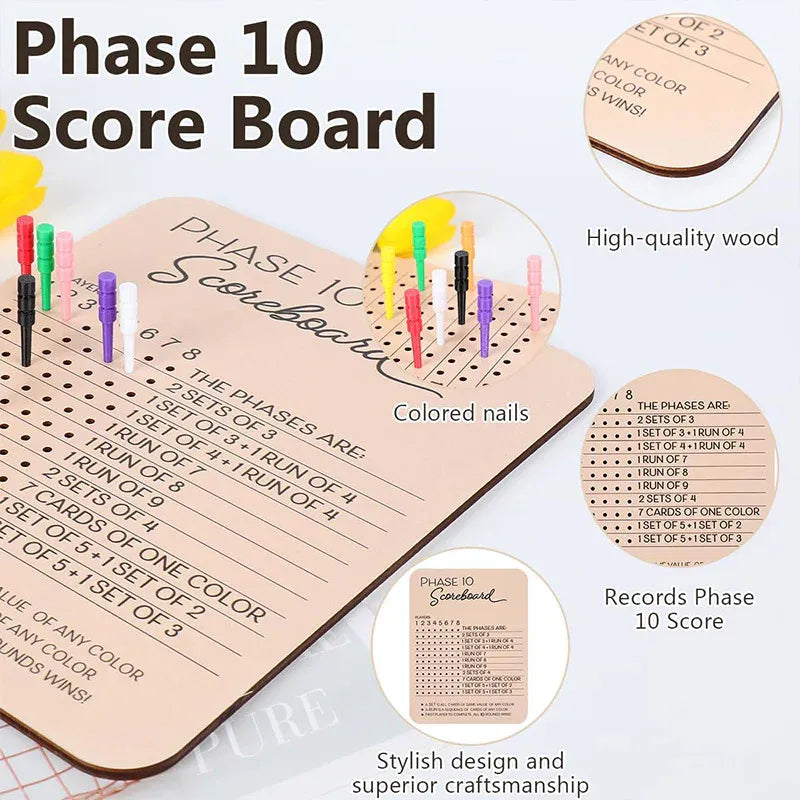 Phase 10 Score Board Wooden Phase 10 Scorecard Reusable for Family Game Tabletop V528-TRAY-A-135391