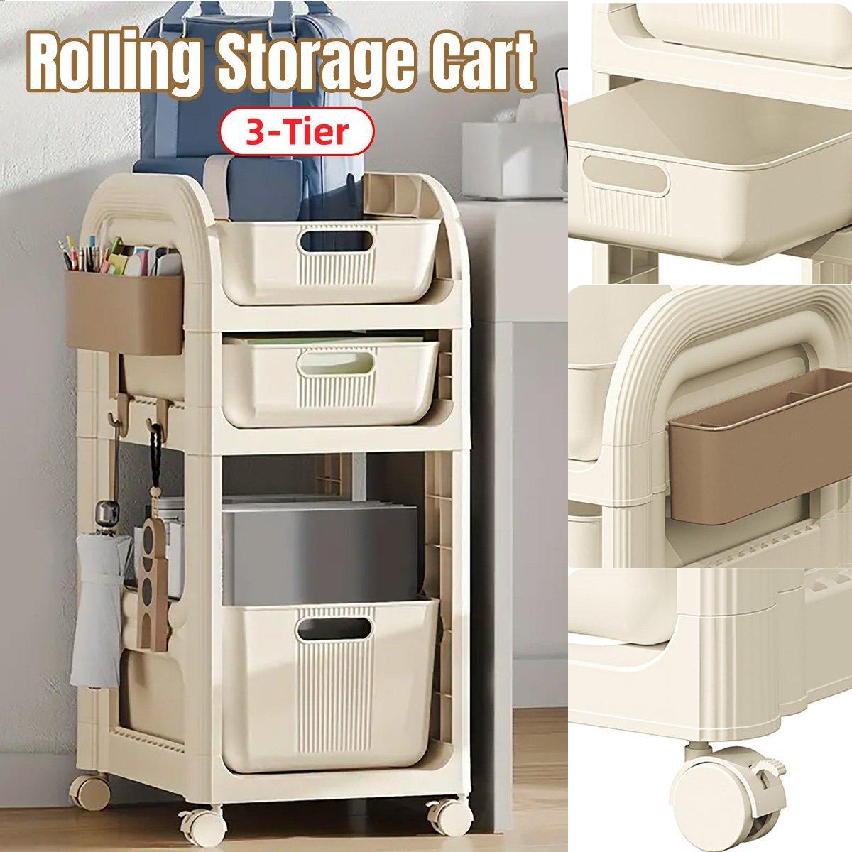 Mobile Storage Trolley Rolling Utility Cart Heavy Duty Organizer with Wheels V528-TROLLEY-BEIGE-205340
