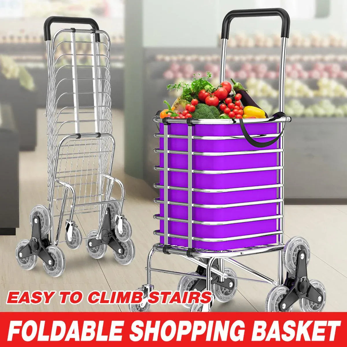 Folding Vegetable Basket Trolley Small Trailer Grocery Shopping Pulling Cart V528-TROLLEY-PURPLE-8-881454