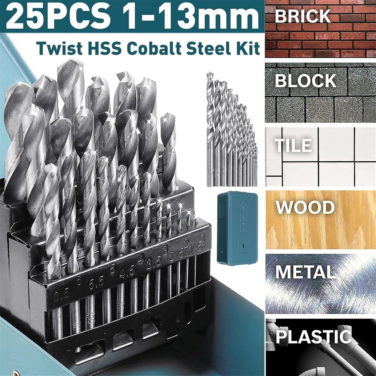 Drill Bits Set Metric Metal Twist High Speed HSS Steel Case 25pcs Coated Tool V528-TWIST-DIAMOND-393051
