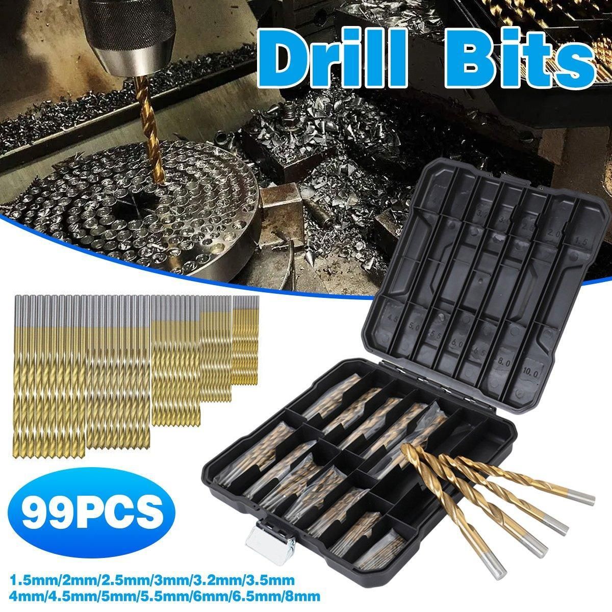 99X HSS Titanium Drill Bit Tool Set 1.5-8mm Twist Drill For Wood Metal Grooving V528-TWIST-DRILL-99PCS-389496