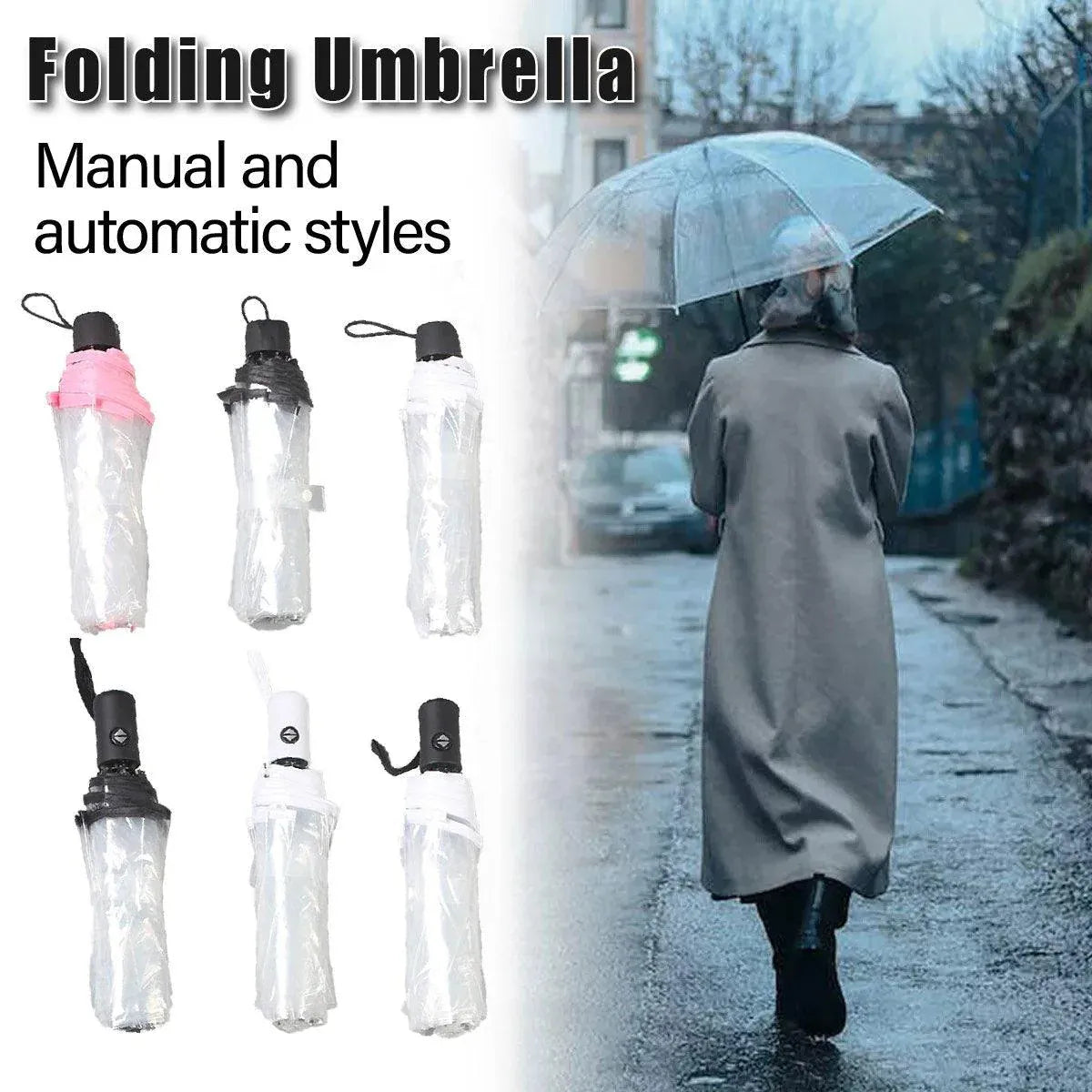 Transparent Folding Umbrella Compact Tri Fold Design Clear Rain Protection Cover - Automation-Black V528-UMBRELLA-ZD-BLACK-725491