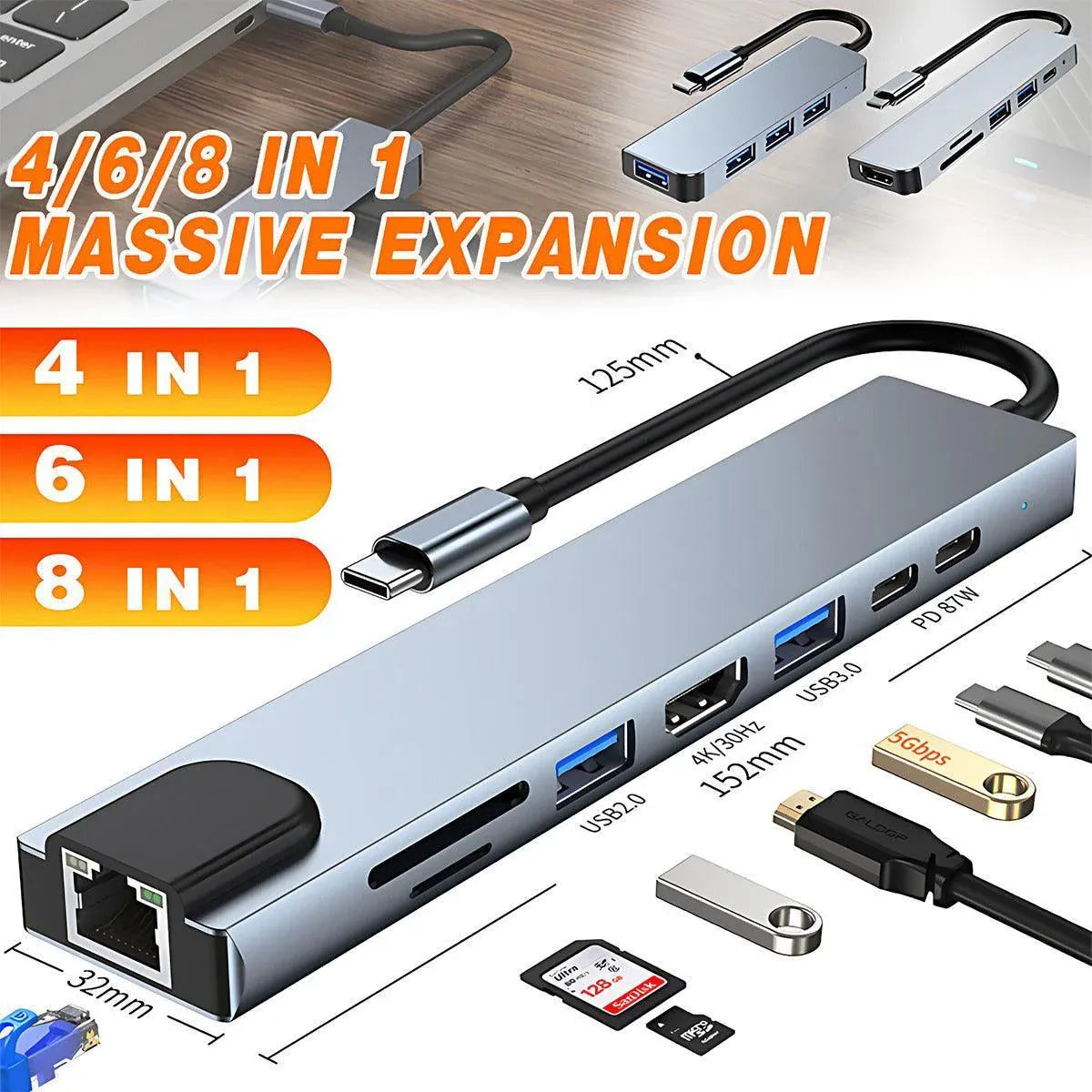 8/6/4-In-1 Usb-C Hub Adapter Type-C Hub Hdmi For Macbook Pro/Air Ipad Pro Laptop - 8-IN-1 V528-USB-CHUB-8IN1-507831
