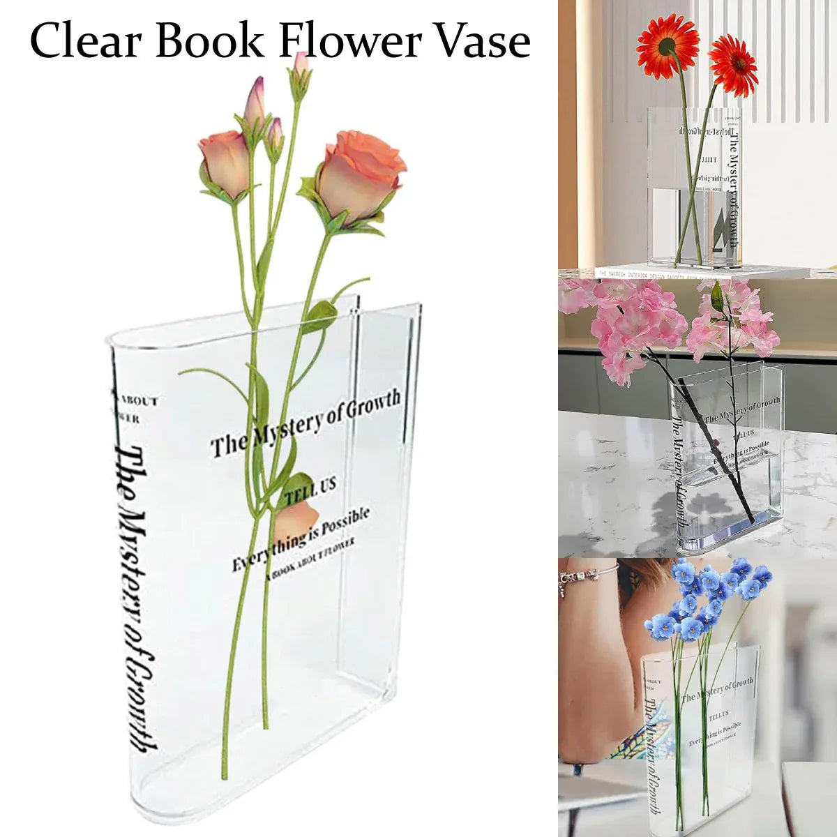 Transparent Book Vase Flower Holder Acrylic Decorative Table Display Stand V528-VASE-15-4-18CM-192730