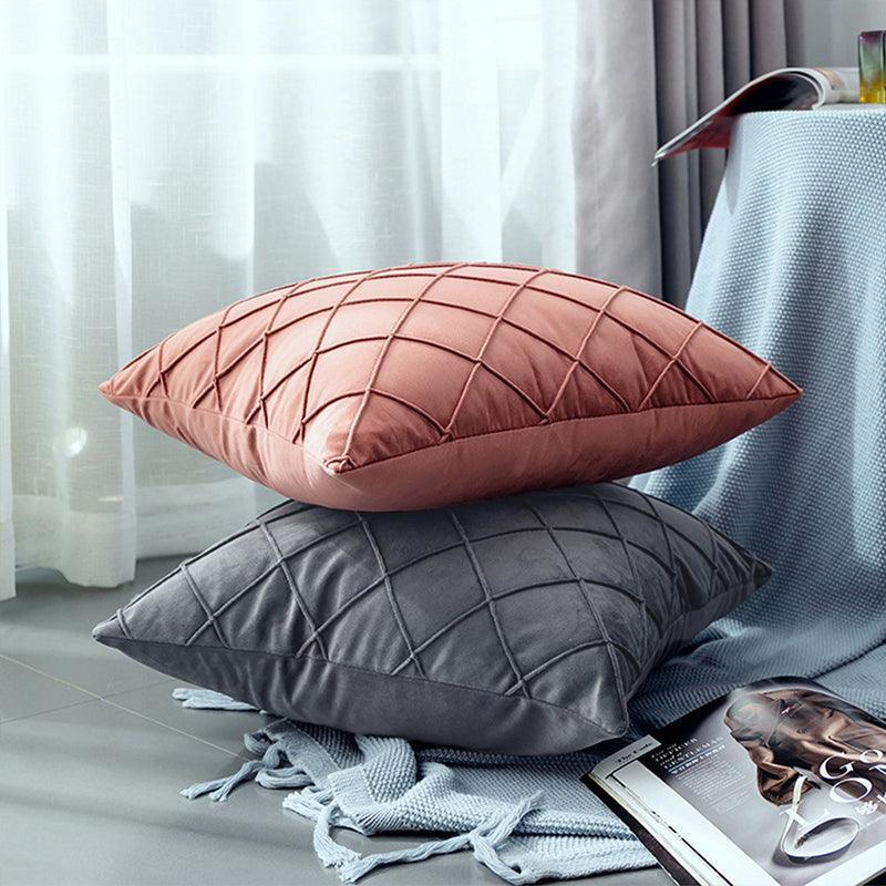 Velvet Cushion Cover Pleated Checked Plaid Plush Decorative Lounge Cushion Cover - Pink V528-VELVETCUSHIONCOVER-PINK-375392