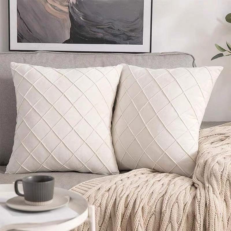 Velvet Cushion Cover Pleated Checked Plaid Plush Decorative Lounge Cushion Cover - Pink V528-VELVETCUSHIONCOVER-PINK-375392
