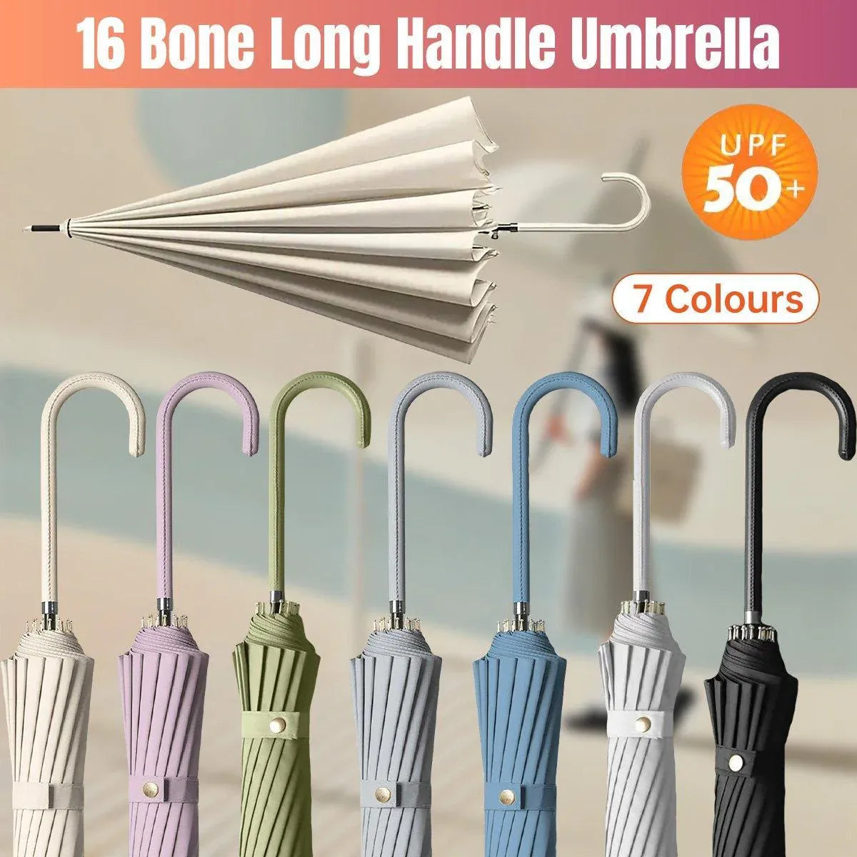 Large 16 Bone Automatic Umbrella Unisex Long Handle Dual Use Rain Sun Umbrella - White V528-W-UMBRELLA-WHITE-593194
