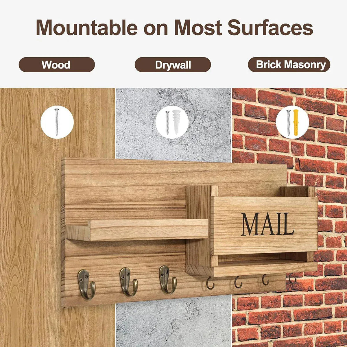 Wooden Wall Mounted Key Holder Storage Rack Door Hook Hanger Coat Rack Organizer V528-WALL-SHELF-RAW-WOOD-350716