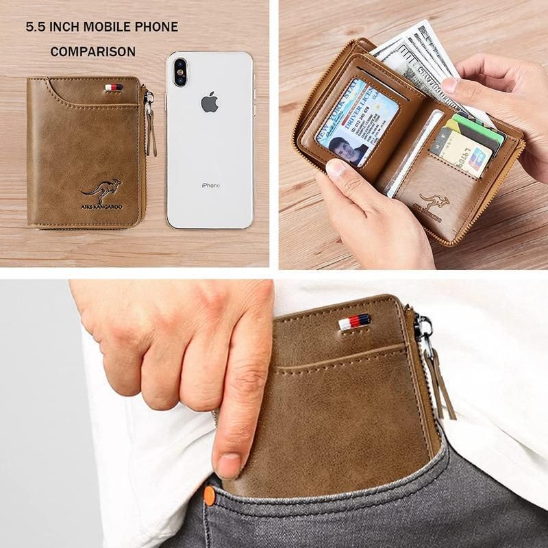 Men'S Rfid Blocking Leather Short Wallet Credit Id Card Cash Holder Purse V528-WALLET-KHAKI-853849