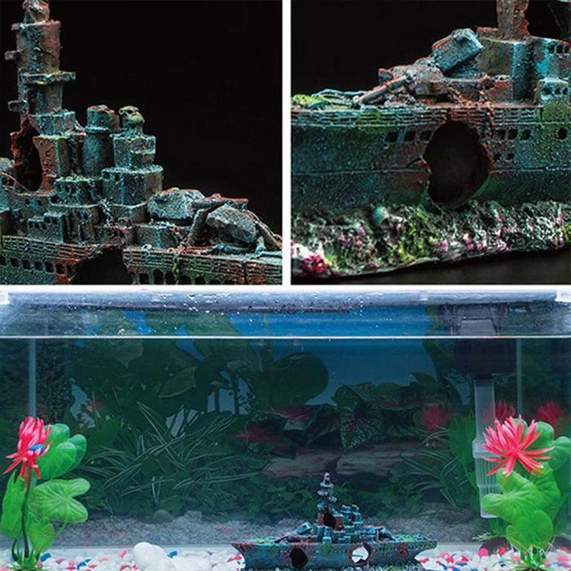 Aquarium Shipwreck Ship Fish Tank Resin Sunken Ship Fishing Hiding Pot Decor V528-WARSHIPSCENERY-221804
