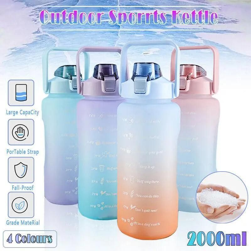 2L Large Water Bottle Straw Time Gradient Cup Fitness Jugs Sport Gym Training - Green V528-WATERBOTTLE-2L-GREEN-420879